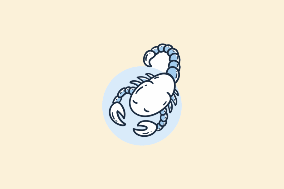 Ilustração do signo Escorpião: desenho em estilo de rabisco, com contorno azul-marinho, de um escorpião sorridente de olhos fechados, com as pinças à esquerda e a cauda segmentada curvada para cima, sobre um círculo azul-claro; em fundo amarelo-claro.