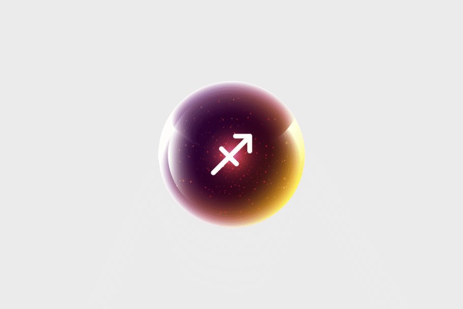 Ilustração do signo Sagitário, contendo uma esfera brilhante em tons de roxo, rosa e dourado com o símbolo branco de Sagitário, uma flecha apontando para cima na diagonal, cruzada por um traço, em fundo cinza-claro.