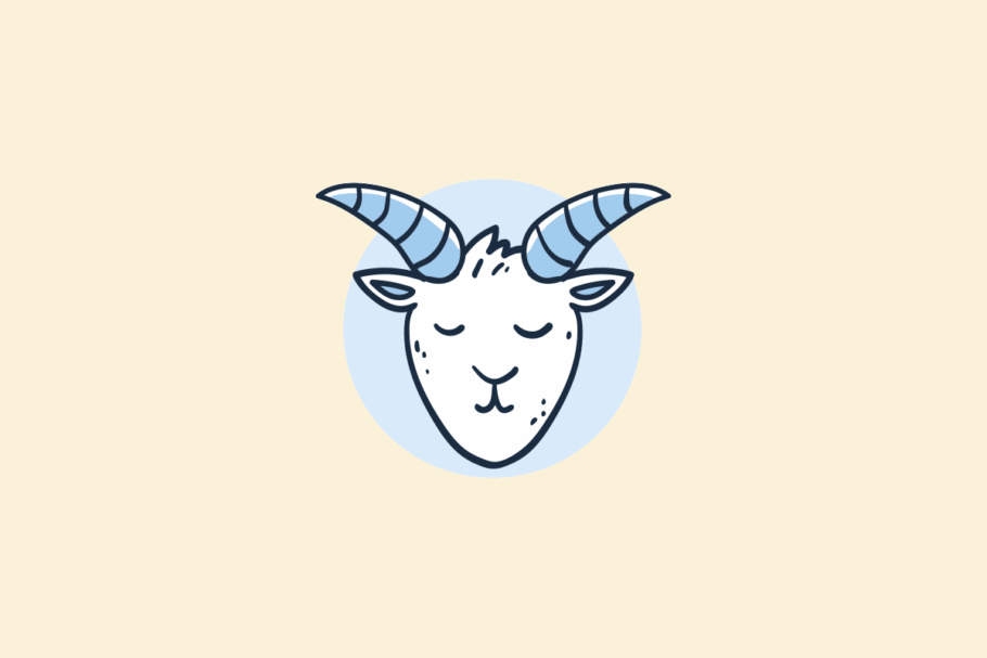 Ilustração do signo Capricórnio: desenho em estilo de rabisco, com contorno azul-marinho, da cabeça de uma cabra de olhos fechados vista de frente, com chifres listrados de azul abertos para os lados, sobre um círculo azul-claro; em fundo amarelo-claro.