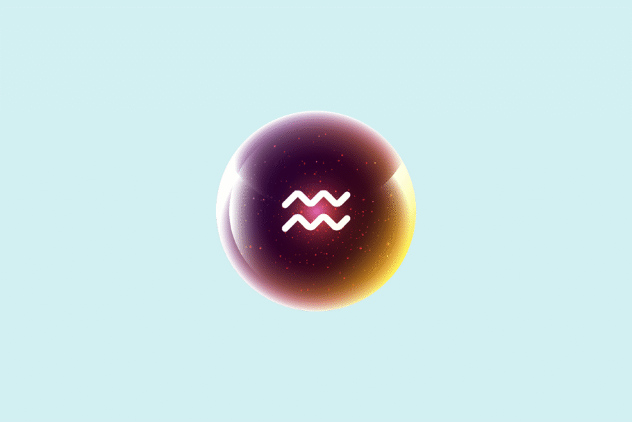 Ilustração do signo Aquário, contendo uma esfera brilhante em tons de roxo, rosa e dourado com o símbolo branco de Aquário, duas linhas onduladas paralelas que representam ondas de água, em fundo azul-turquesa.
