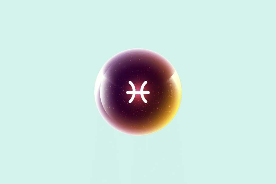 Ilustração do signo Peixes, contendo uma esfera brilhante em tons de roxo, rosa e dourado com o símbolo branco de Peixes, dois arcos opostos ligados por uma linha horizontal, em fundo verde-água.