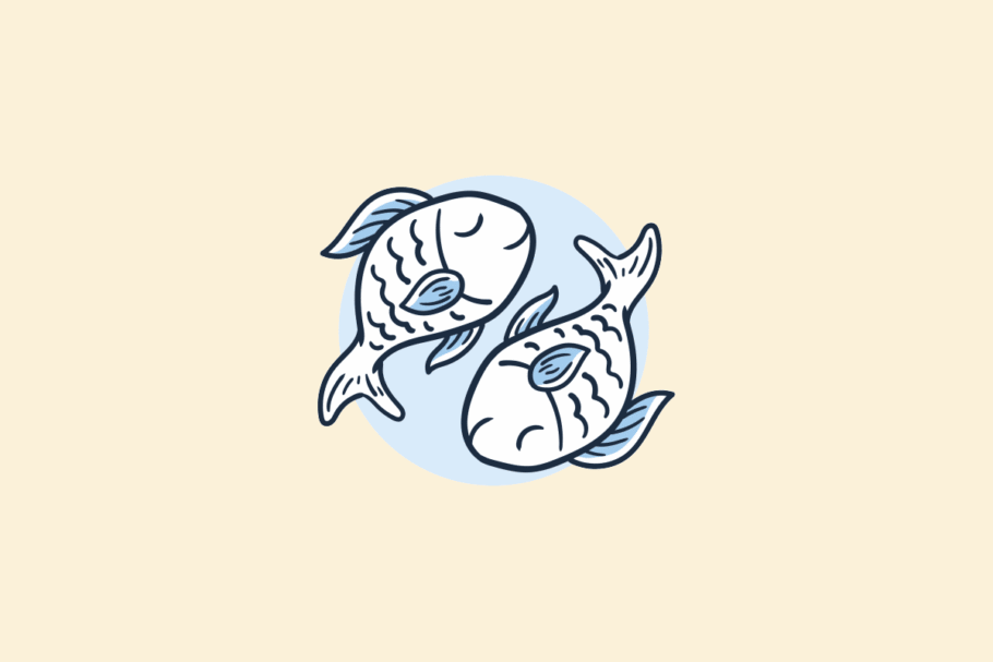Ilustração do signo Peixes: desenho em estilo de rabisco, com contorno azul-marinho, de dois peixes de escamas desenhadas nadando em direções opostas, um em cima e outro embaixo, sobre um círculo azul-claro; em fundo amarelo-claro.