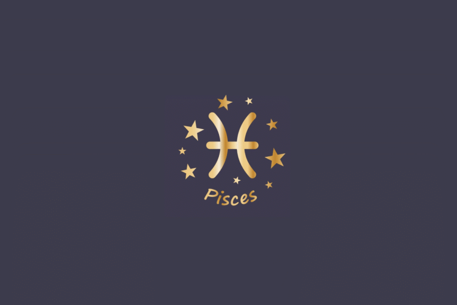 Ilustração do signo de Peixes, em fundo cinza, contendo o símbolo do signo em dourado, formado por dois arcos opostos unidos por uma linha, cercado por estrelas e com o nome "Pisces" abaixo