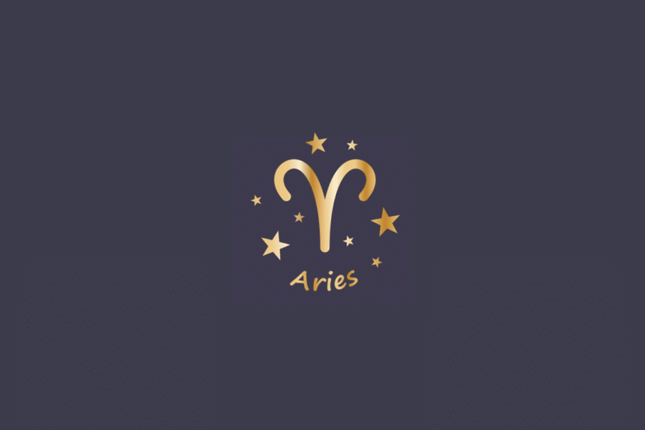 Ilustração do signo de Áries, em fundo cinza, contendo o símbolo do signo em dourado, no formato de chifres de carneiro, cercado por estrelas e com o nome "Aries" abaixo
