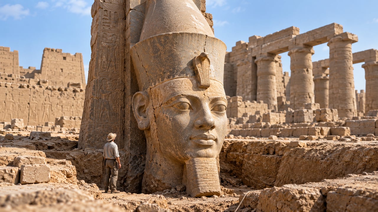 A coroa dupla simbolizava a soberania de Ramsés II sobre o Alto e o Baixo Egito – Imagem ilustrativa criada por inteligência artificial