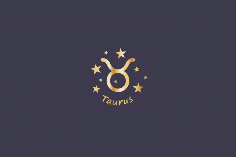 Ilustração do signo de Touro, em fundo cinza, contendo o símbolo do signo em dourado, no formato de cabeça de touro com chifres, cercado por estrelas e com o nome "Taurus" abaixo