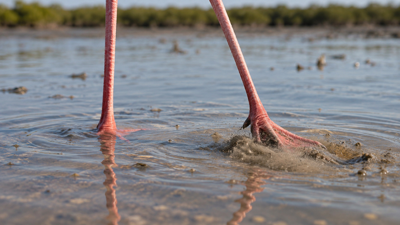 Correntes produzidas pelas aves ajudam a concentrar pequenas presas na água.