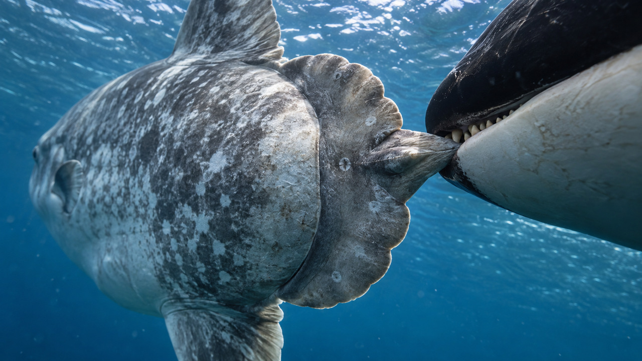Uma orca segurava a presa enquanto outra avançava para atingi-la.