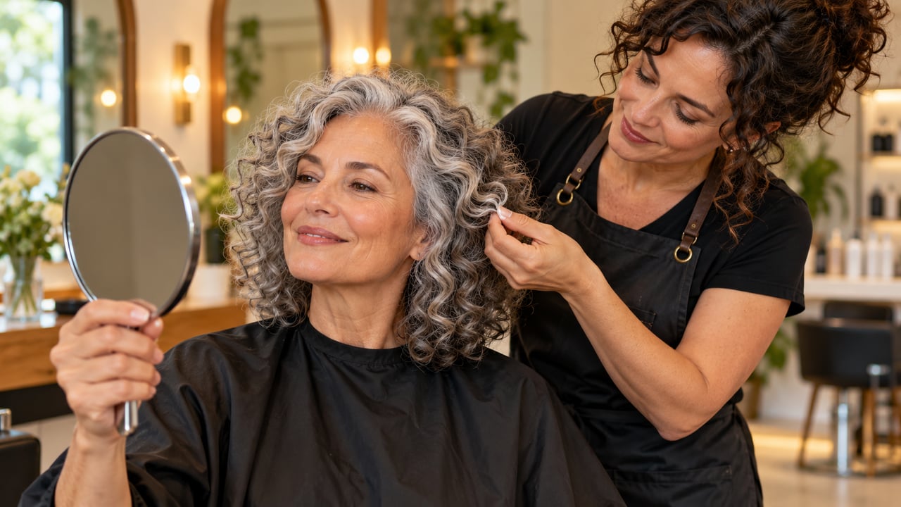 Cuidados nutritivos e proteção térmica preservam o brilho e o caimento do cabelo grisalho – Imagem ilustrativa criada por inteligência artificial