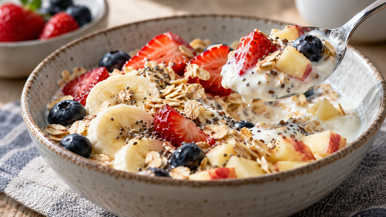 Iogurte natural com frutas e aveia é uma opção nutritiva.