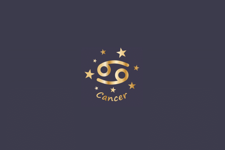 Ilustração do signo de Câncer, em fundo cinza, contendo o símbolo do signo em dourado, formado por duas espirais entrelaçadas, cercado por estrelas e com o nome "Cancer" abaixo