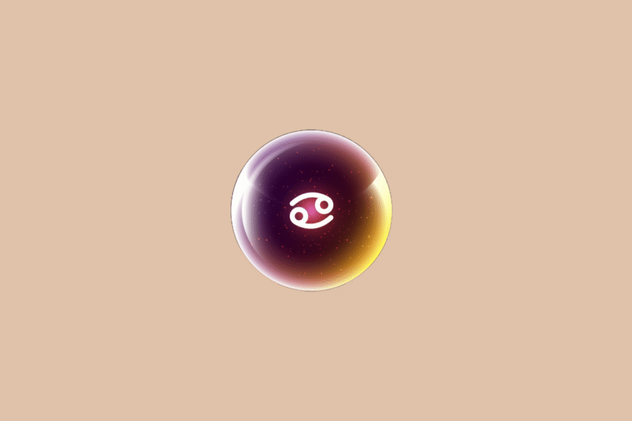 Ilustração do signo de Câncer, em fundo bege, contendo o símbolo do signo em branco, formado por duas espirais entrelaçadas, no centro de uma esfera luminosa