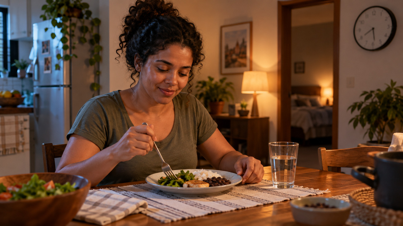 Horários das refeições e medicamentos podem influenciar a fome noturna.