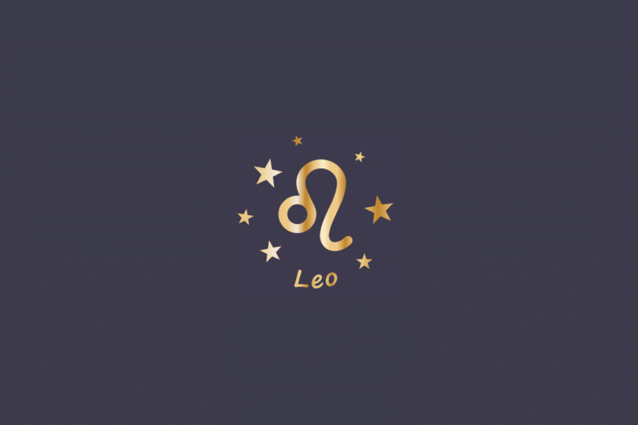 Ilustração do signo de Leão, em fundo cinza, contendo o símbolo do signo em dourado, em forma de círculo com uma cauda curva, cercado por estrelas e com o nome "Leo" abaixo