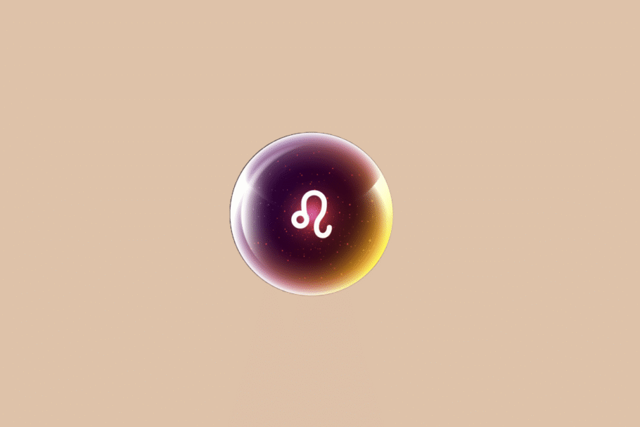 Ilustração do signo de Leão, em fundo bege, contendo o símbolo do signo em branco, em forma de círculo com uma cauda curva, no centro de uma esfera luminosa