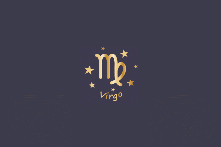 Ilustração do signo de Virgem, em fundo cinza, contendo o símbolo do signo em dourado, semelhante à letra M com uma alça curva, cercado por estrelas e com o nome "Virgo" abaixo
