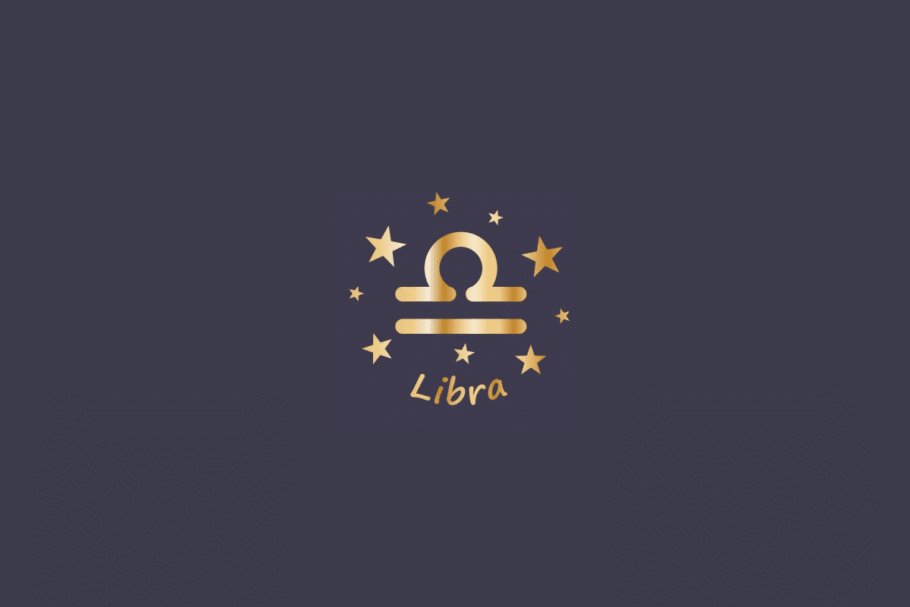 Ilustração do signo de Libra, em fundo cinza, contendo o símbolo do signo em dourado, formado por um semicírculo sobre duas linhas horizontais, cercado por estrelas e com o nome "Libra" abaixo