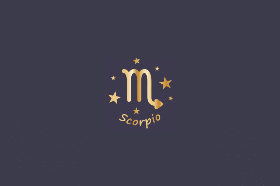 Ilustração do signo de Escorpião, em fundo cinza, contendo o símbolo do signo em dourado, semelhante à letra M com uma seta na ponta, cercado por estrelas e com o nome "Scorpio" abaixo