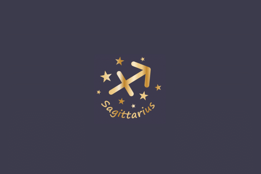 Ilustração do signo de Sagitário, em fundo cinza, contendo o símbolo do signo em dourado, no formato de uma flecha diagonal cortada por uma linha, cercado por estrelas e com o nome "Sagittarius" abaixo
