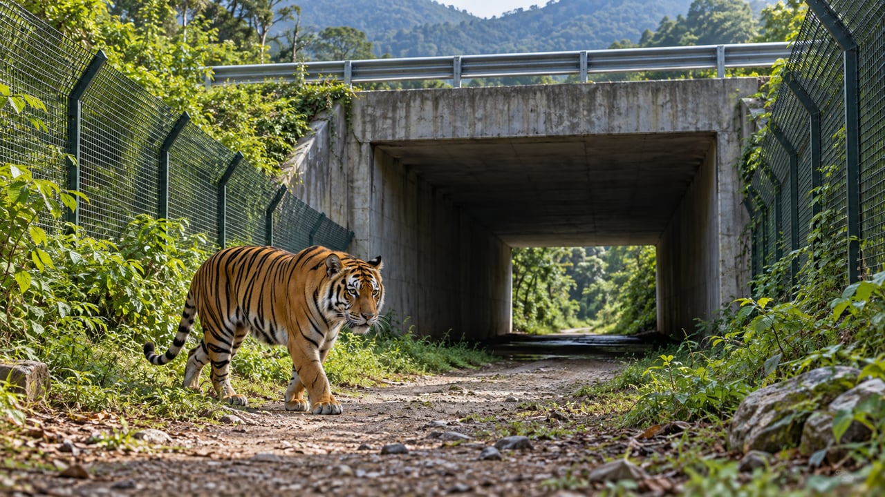 As 25 passagens subterrâneas permitem que tigres e outros animais atravessem sem disputar espaço com os veículos – Imagem ilustrativa criada por inteligência artificial