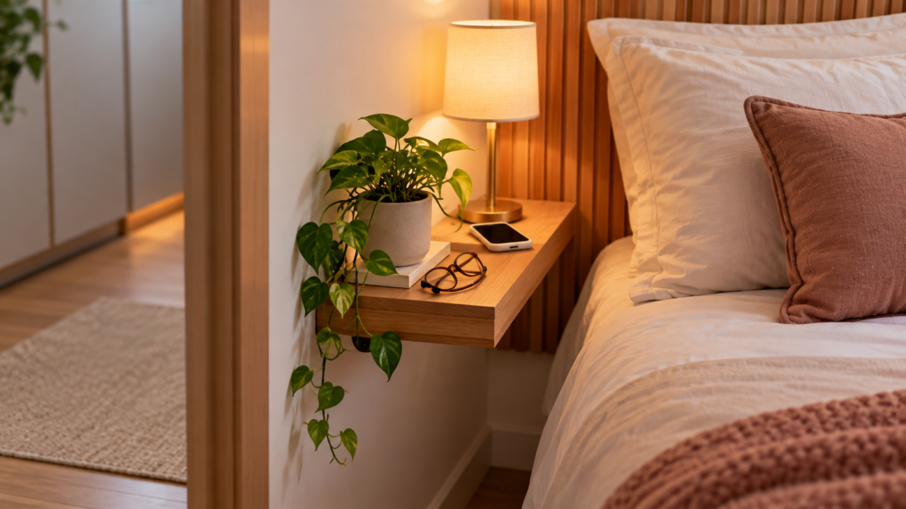 Veja como usar prateleiras estreitas ao lado da cama para organizar objetos essenciais, aproveitar as paredes e deixar mais espaço livre no quarto.
