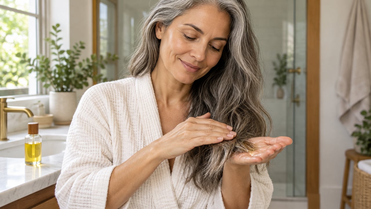 Use de 3 a 5 gotas nas pontas secas ou espalhe o óleo no comprimento antes do shampoo – Imagem ilustrativa criada por inteligência artificial