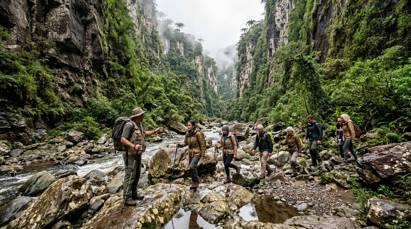 A aventura pelo interior do cânion exige preparo físico e guia especializado.