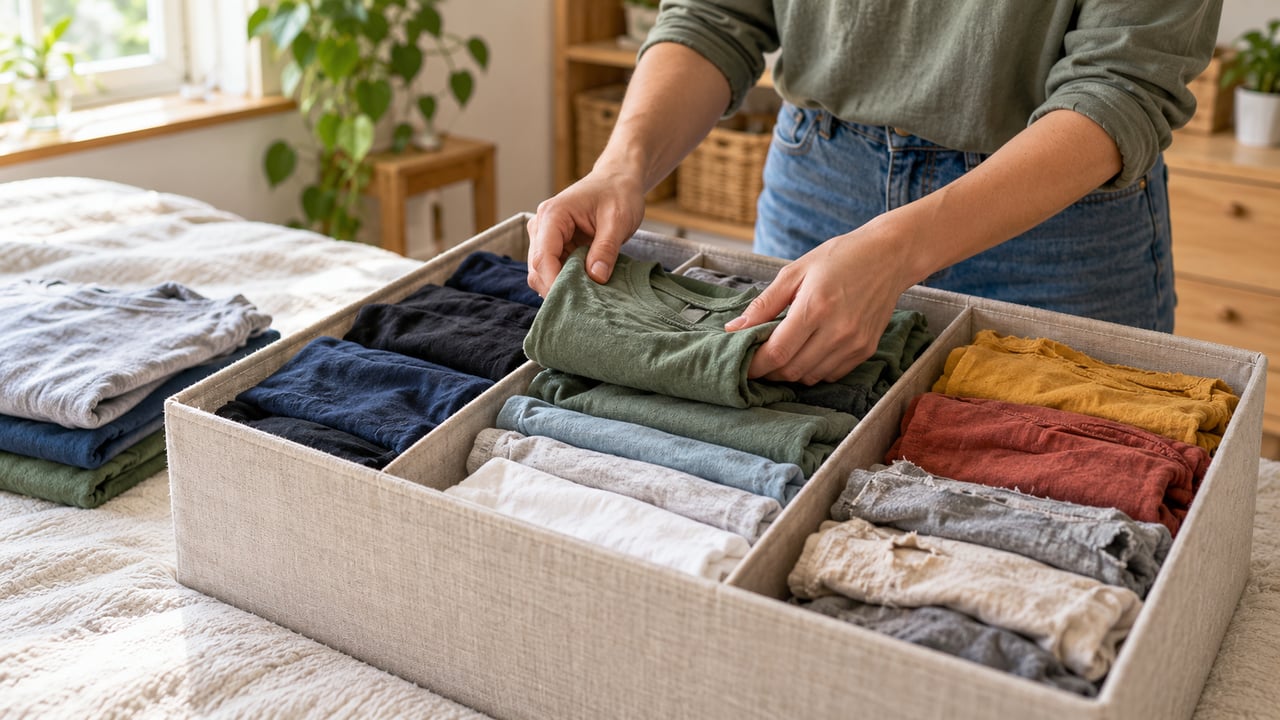 Organizar camisetas por cor, espessura e conservação facilita escolher o melhor destino para cada tecido – Imagem ilustrativa criada por inteligência artificial