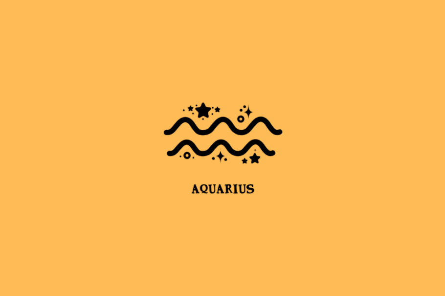Símbolo do signo de Aquário, formado por duas linhas onduladas horizontais pretas, acompanhadas de estrelas de cinco pontas, pequenos círculos e pontos decorativos. Abaixo, está escrito “AQUARIUS” em letras maiúsculas pretas, com serifa. O desenho está centralizado sobre um fundo laranja uniforme.