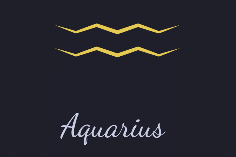 A imagem mostra o símbolo astrológico de Aquário em dourado, representado por duas linhas paralelas em zigue-zague, semelhantes a ondas. Abaixo, o nome “Aquarius” aparece em letras cursivas cinza-claras, sobre um fundo azul-escuro quase preto.