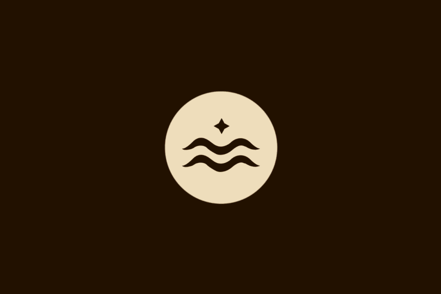 Ilustração vetorial do signo de Aquário, representada por duas linhas onduladas de água com uma estrela de quatro pontas acima, centralizada em um círculo bege sobre fundo marrom.