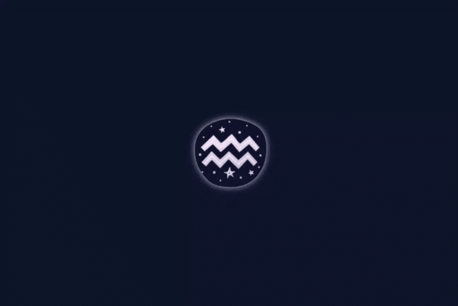 Ilustração do símbolo astrológico do signo de Aquário, representado por duas linhas onduladas em zigue-zague, na cor lilás-claro. O desenho está centralizado em um círculo decorado com estrelas brancas, sobre um fundo azul-marinho escuro.