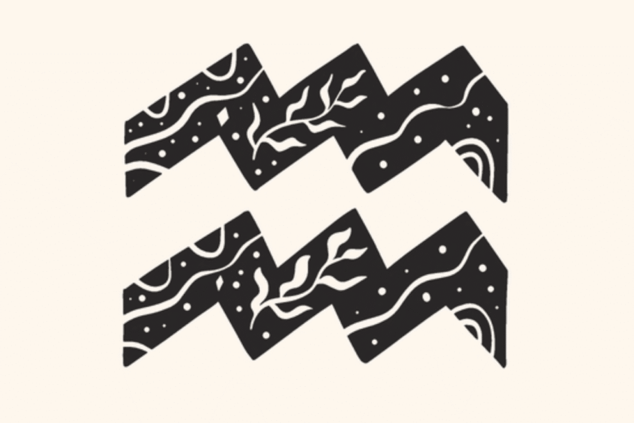A imagem apresenta o símbolo do signo de aquário em preto, centralizado sobre um fundo claro. O ícone é decorado com folhagens, pequenos pontos, formas solares e detalhes celestes, criando uma estética mística e delicada.