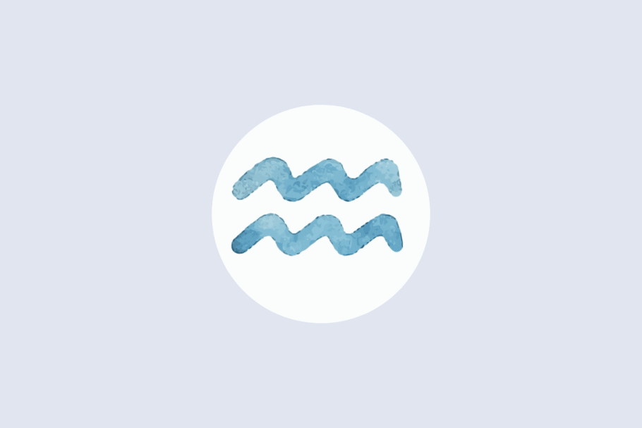 Símbolo astrológico de Aquário em textura de aquarela azul, centralizado em um círculo branco sobre fundo azul-claro