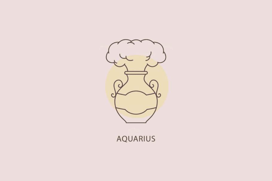 Ilustração em linhas finas de um vaso de cerâmica expelindo uma nuvem de vapor/água, com um círculo bege ao fundo e a palavra "AQUARIUS" abaixo.