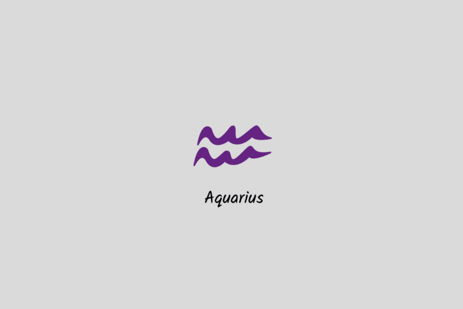 Ilustração do signo de Aquário em roxo, com o nome abaixo, centralizada sobre um fundo cinza-claro