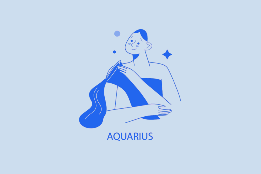 Ilustração minimalista em tons de azul e branco representando o signo de Aquário. Mostra uma pessoa sorridente despejando água de um vaso, acompanhada de pequenos pontos e uma estrela ao fundo. Na parte inferior, está escrita a palavra "AQUARIUS" em letras maiúsculas azul-escuro.