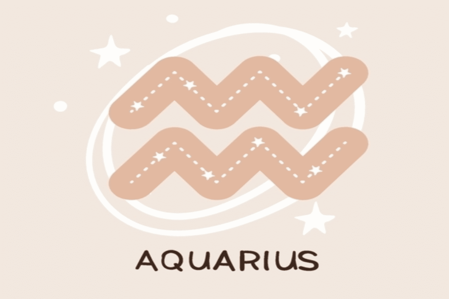 Ilustração do símbolo de Aquário, formado por duas linhas onduladas em tom bege. Linhas pontilhadas e pequenas estrelas brancas decoram o interior, enquanto outros elementos celestes aparecem ao redor.