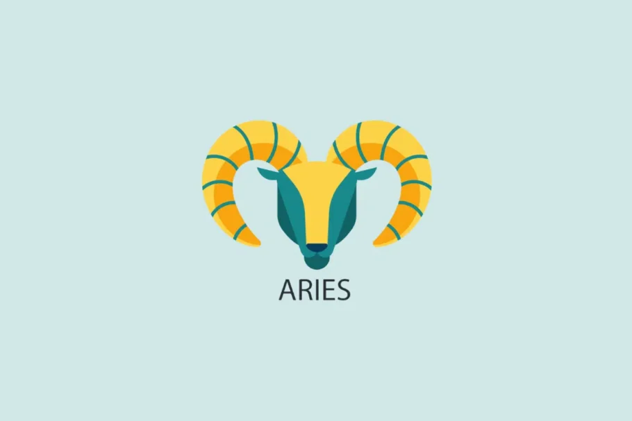 Ilustração vetorial em estilo plano da cabeça de um carneiro com grandes chifres curvos amarelos, sobre um fundo azul-claro com a palavra "ARIES" escrita abaixo.