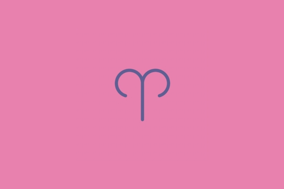 Símbolo do signo de Áries em linhas roxas sobre um fundo rosa.
