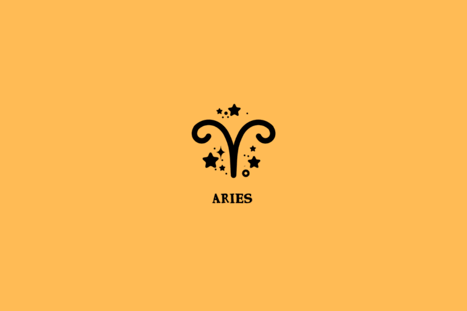 Símbolo do signo de Áries, formado por duas curvas simétricas voltadas para cima e para fora, semelhantes a chifres de carneiro, unidas por uma haste vertical preta. Pequenas estrelas, círculos e pontos decorativos contornam o símbolo. Abaixo, está escrito “ARIES” em letras maiúsculas pretas, com serifa. O conjunto está centralizado sobre um fundo laranja uniforme.