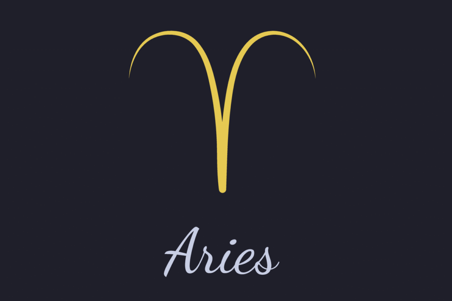 A imagem mostra o símbolo astrológico de Áries em dourado, formado por duas linhas curvas que partem de um mesmo ponto central e se abrem para os lados, lembrando os chifres de um carneiro. Abaixo, o nome “Aries” aparece em letras cursivas cinza-claras, sobre um fundo azul-escuro quase preto.