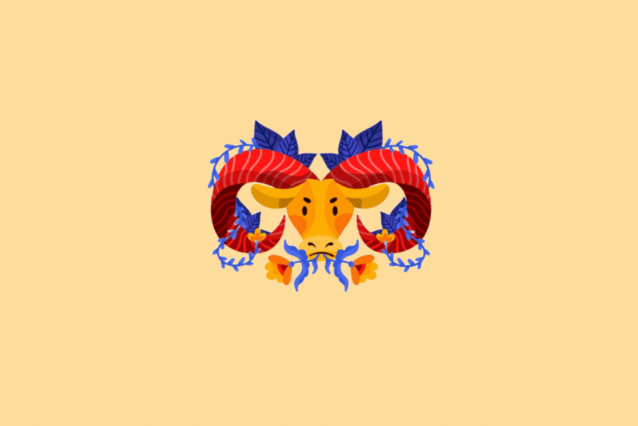 Ilustração estilizada do signo de Áries. No centro, a cabeça de um carneiro amarelo vista de frente, com grandes chifres espiralados em tons de vermelho e laranja, cercada por ramos de folhas azuis e flores laranjas. O fundo é de cor amarela clara uniforme.