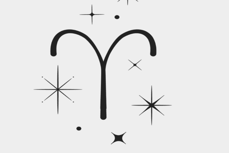 Imagem com fundo cinza-claro, apresentando o símbolo astrológico do signo de Áries em preto, formado por duas linhas curvas que se encontram no centro e se prolongam para baixo, lembrando os chifres de um carneiro. Ao redor, aparecem estrelas estilizadas de diferentes tamanhos e pequenos pontos pretos.