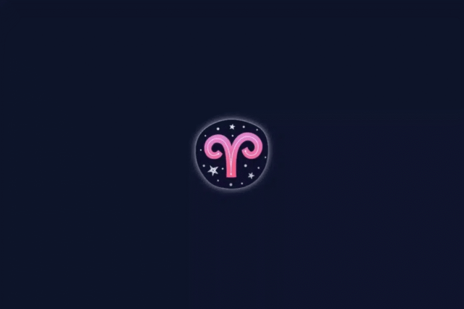 Ilustração do símbolo astrológico do signo de Áries em tons de rosa, representado por duas linhas curvas que lembram os chifres de um carneiro. O desenho aparece dentro de um círculo com pequenas estrelas brancas e um brilho suave ao redor, sobre um fundo azul-marinho escuro.