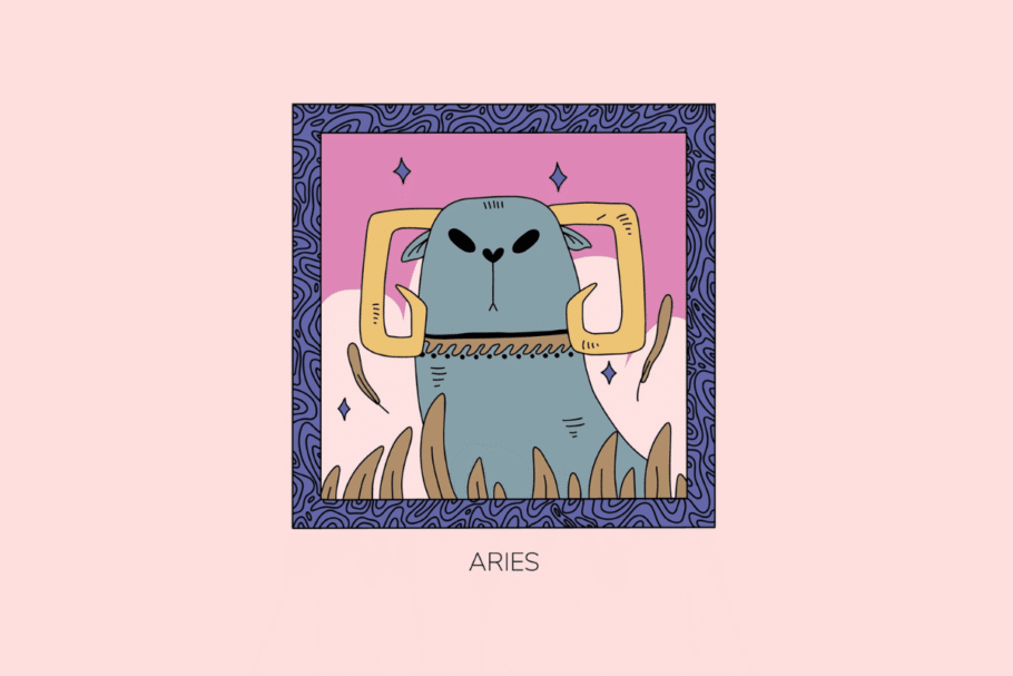 Ilustração estilizada do signo de Áries, retratando uma cabeça de carneiro cinza com chifres amarelos marcantes, em moldura roxa com fundo rosa e a palavra "Aries" abaixo.