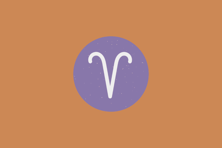 Símbolo do signo de Áries em branco sobre um círculo roxo com fundo alaranjado