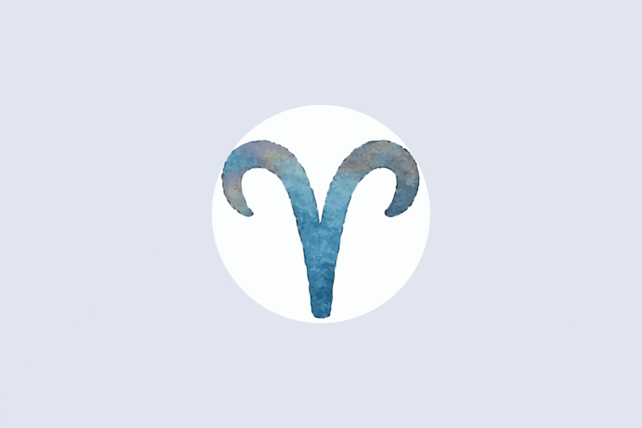 Símbolo astrológico de Áries em textura de aquarela azul, centralizado em um círculo branco sobre fundo azul-claro
