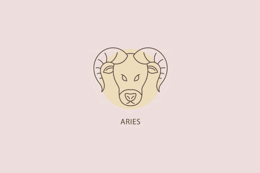 Ilustração em linhas finas da cabeça de um carneiro com chifres curvados, com um círculo bege ao fundo e a palavra "ARIES" abaixo.