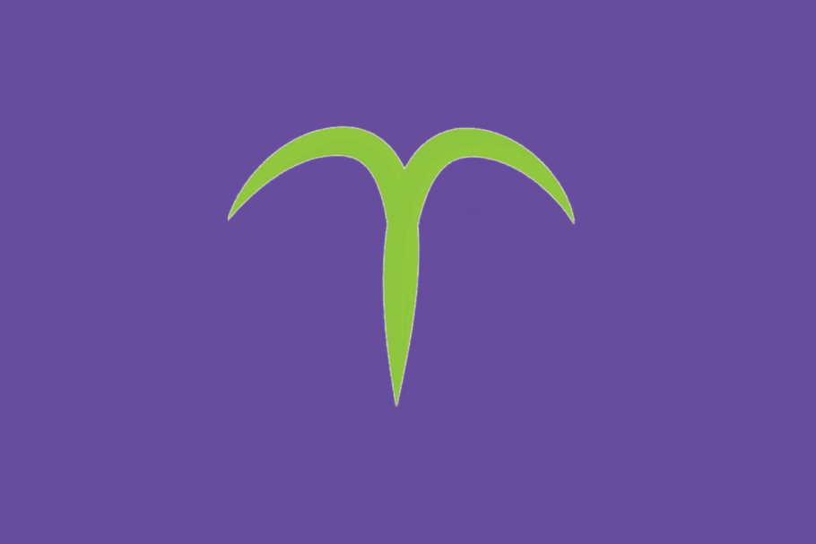 O símbolo astrológico do signo de Áries em verde-claro sobre um fundo roxo